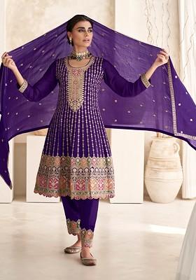 Purple Embroidered Silk Kurta Set