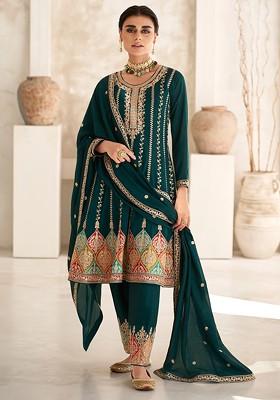 Green Embroidered Silk Kurta Set