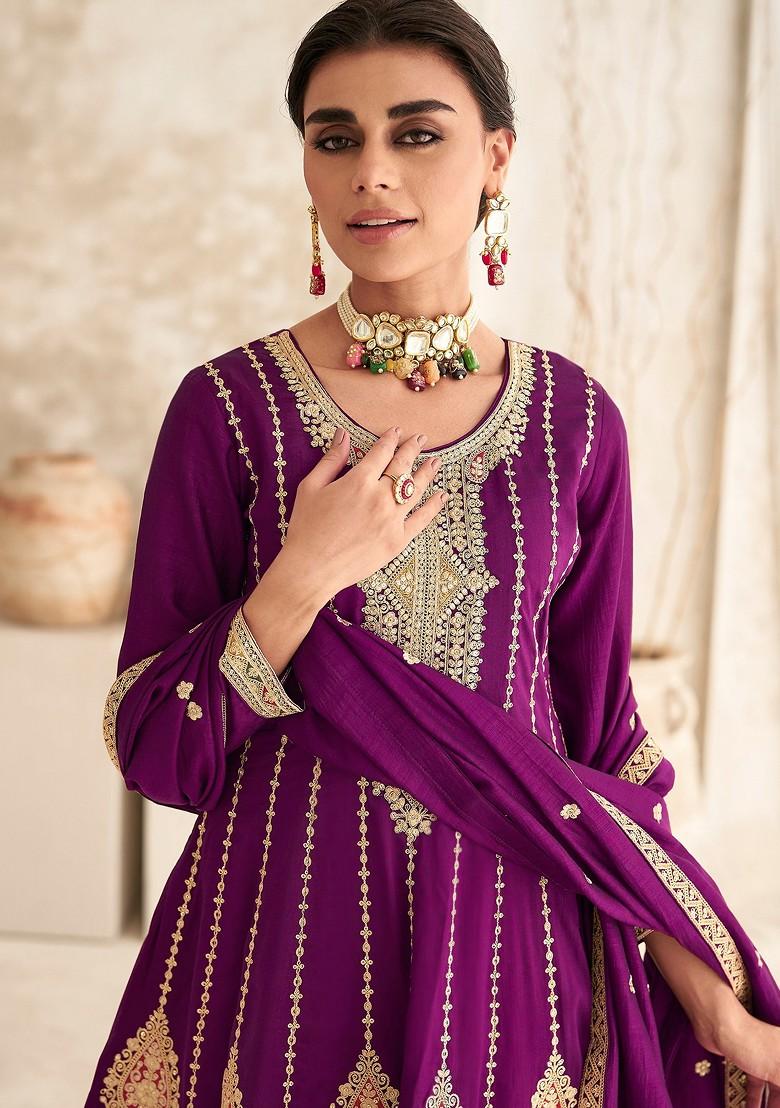 Wine Embroidered Silk Kurta Set