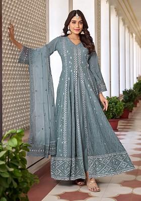 Grey Embroidered Georgette Kurta Set