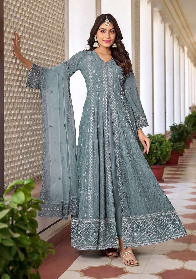 Grey Embroidered Georgette Kurta Set - Indya