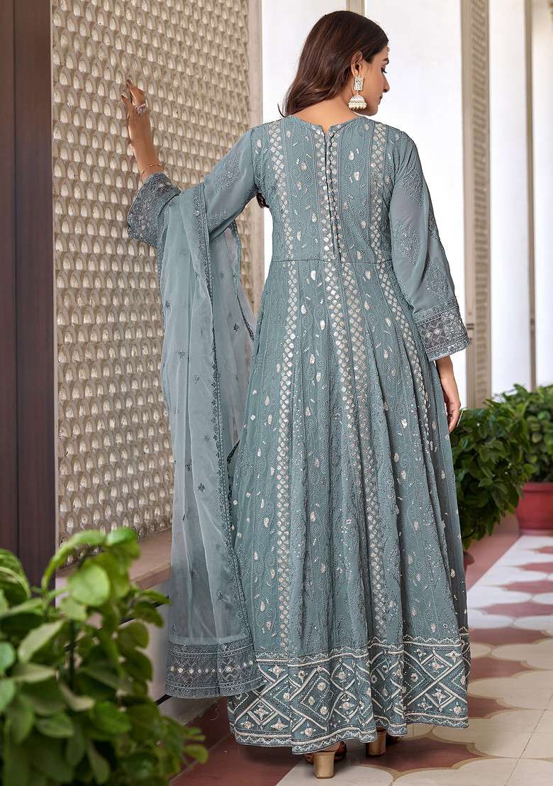 Grey Embroidered Georgette Kurta Set - Indya