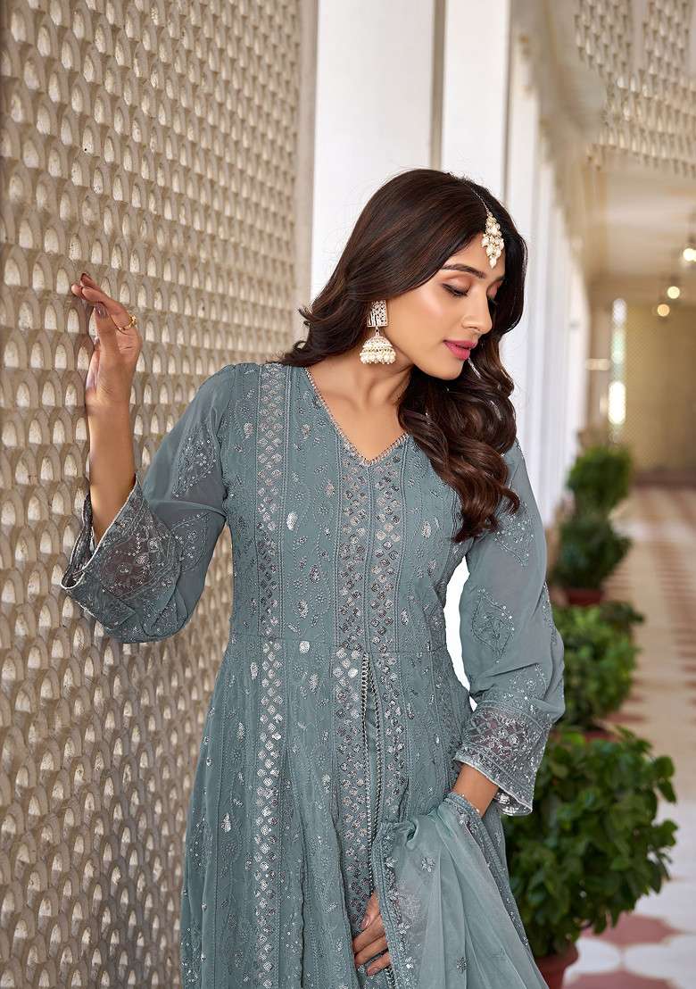Grey Embroidered Georgette Kurta Set - Indya