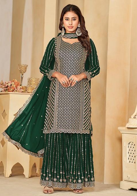 Green Embroidered Georgette Sharara Set