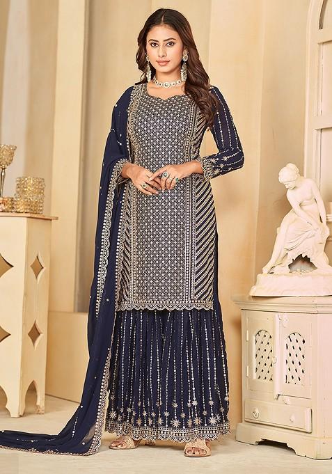 Blue Embroidered Georgette Sharara Set