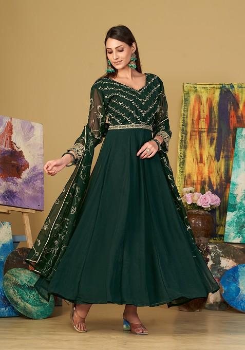 Green Embroidered Georgette Kurta Set