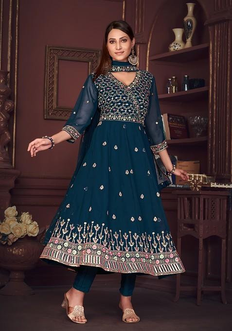 Blue Embroidered Georgette Kurta Set