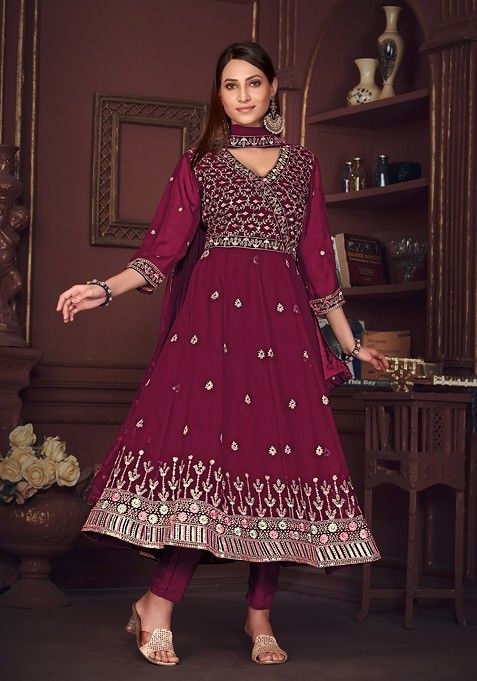 Dark Pink Embroidered Georgette Kurta Set