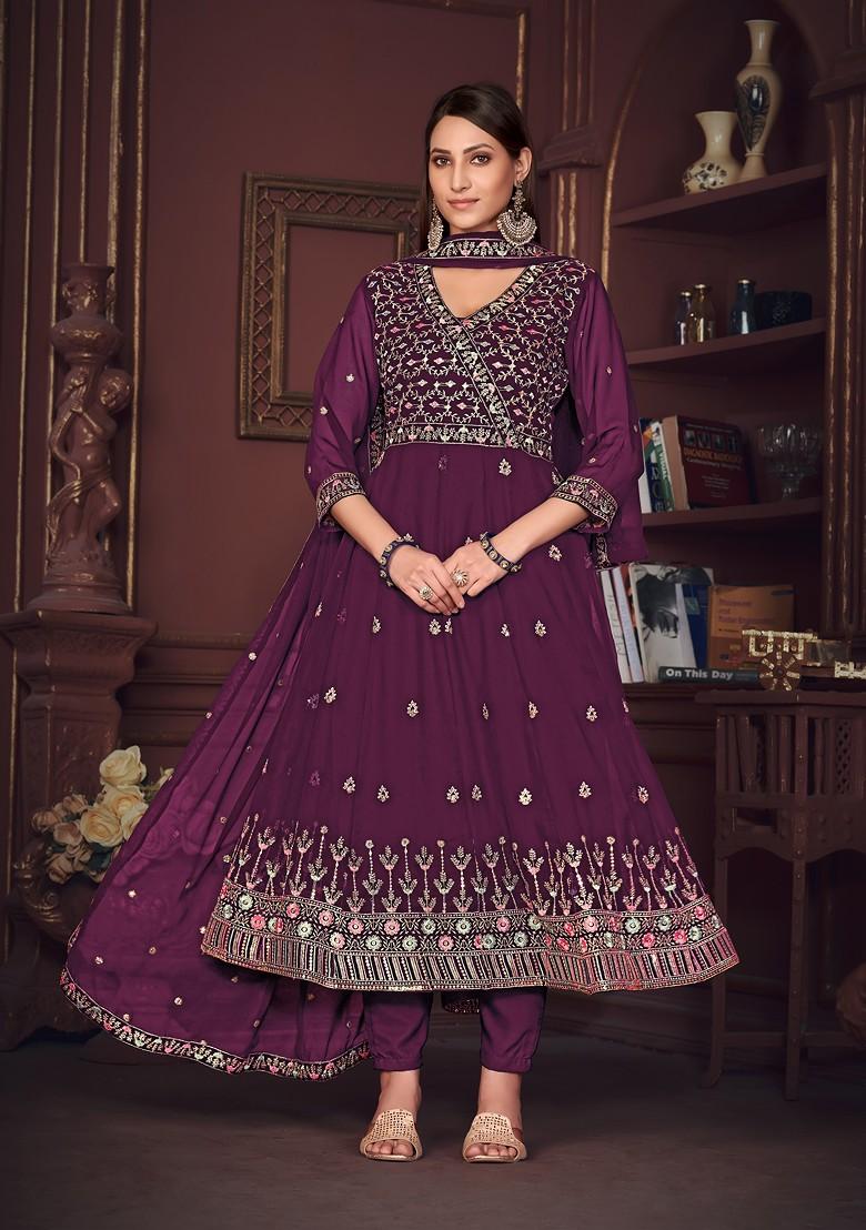 Purple Embroidered Georgette Kurta Set