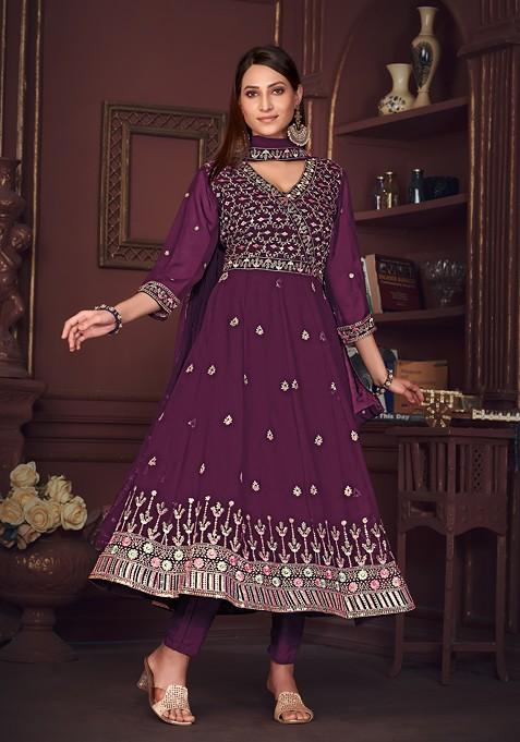 Purple Embroidered Georgette Kurta Set