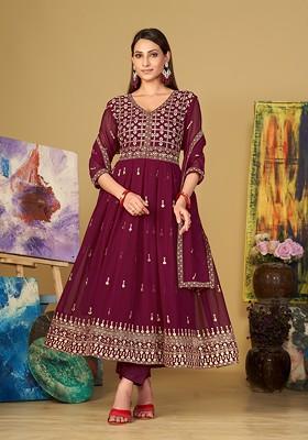 Dark Pink Embroidered Georgette Kurta Set