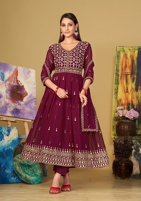 Dark Pink Embroidered Georgette Kurta Set