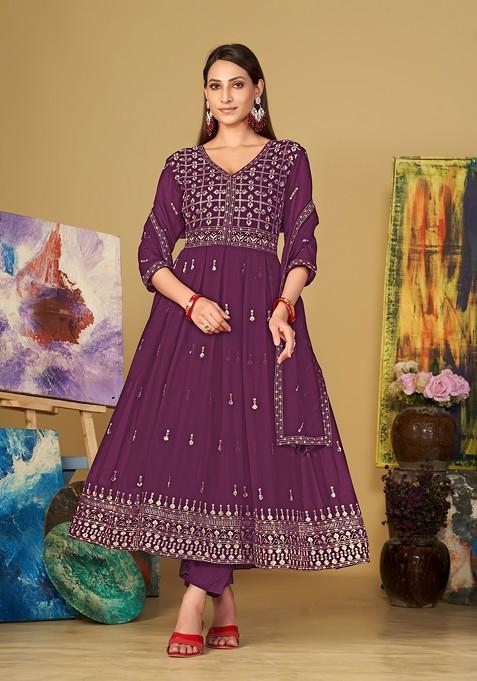 Purple Embroidered Georgette Kurta Set