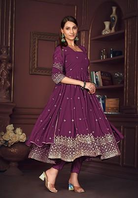 Purple Embroidered Georgette Kurta Set
