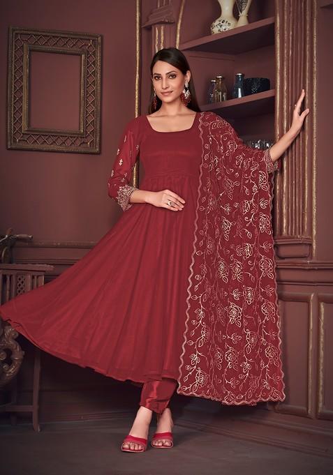 Maroon Embroidered Georgette Kurta Set