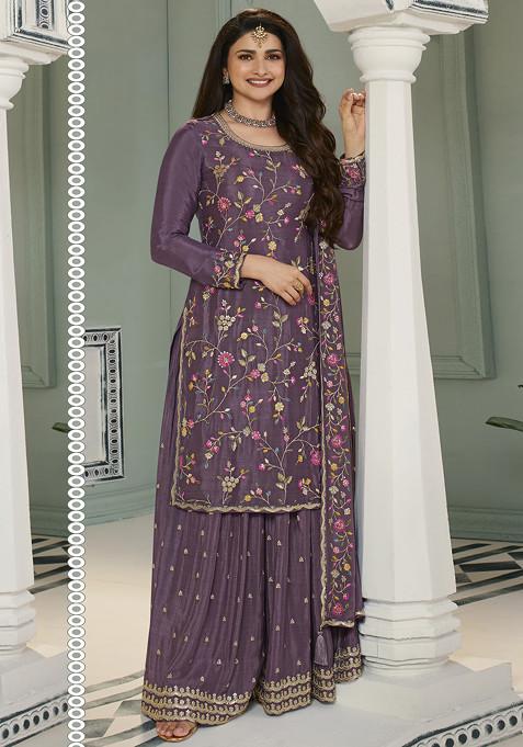 Purple Embroidered Art Silk Sharara Set