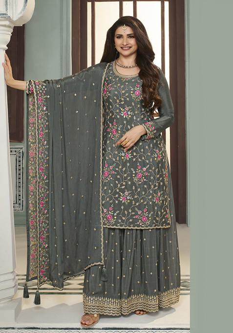 Grey Embroidered Art Silk Sharara Set