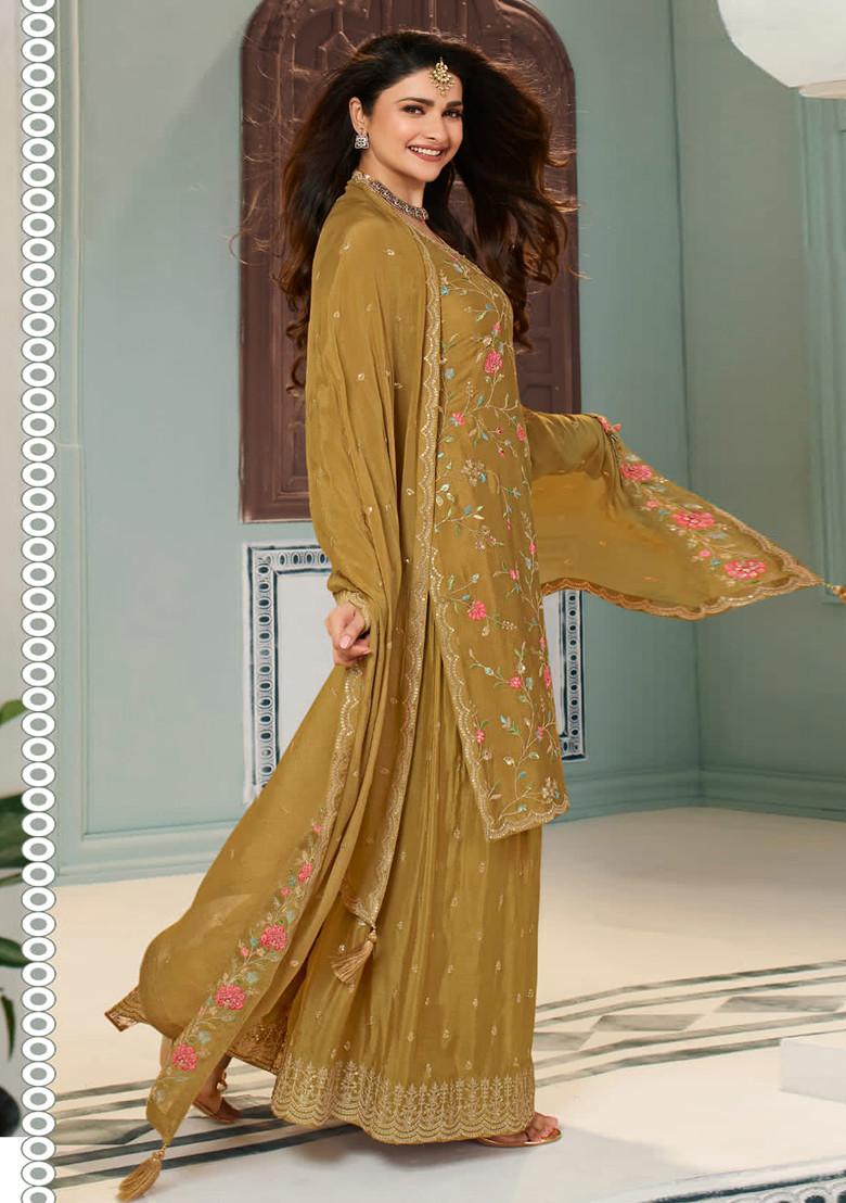 Mustard Embroidered Art Silk Sharara Set