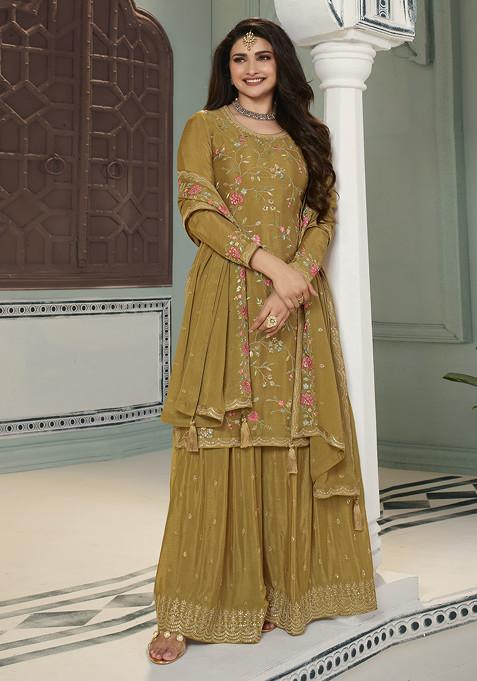 Mustard Embroidered Art Silk Sharara Set