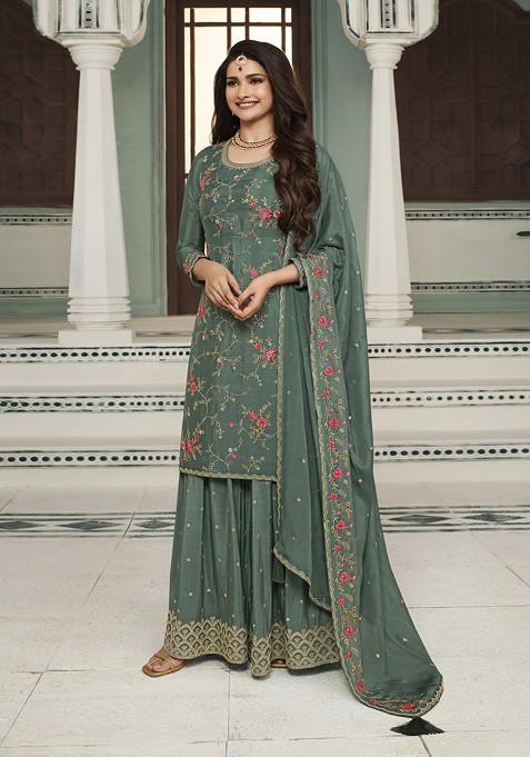 Green Embroidered Art Silk Sharara Set