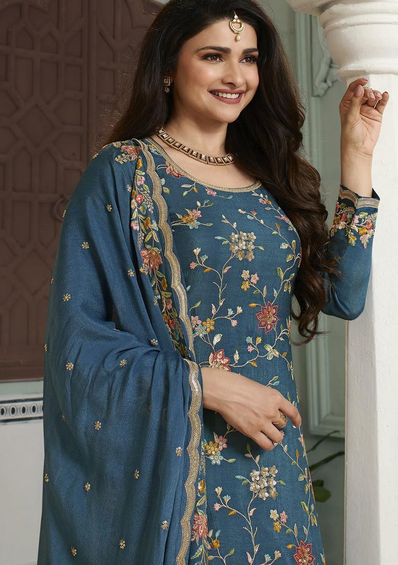 Sky Blue Embroidered Art Silk Sharara Set