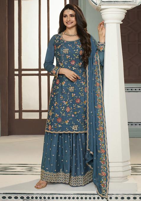 Sky Blue Embroidered Art Silk Sharara Set