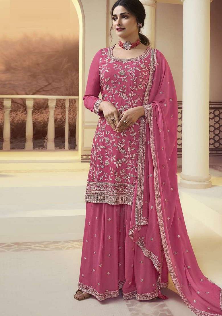 Pink Embroidered Silk Sharara Set - Indya