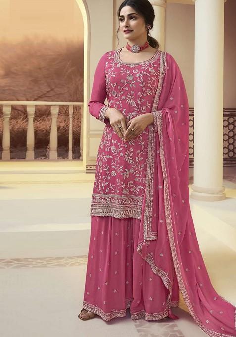 Pink Embroidered Art Silk Sharara Set