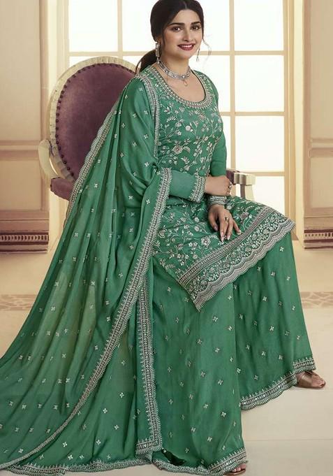 Green Embroidered Art Silk Sharara Set