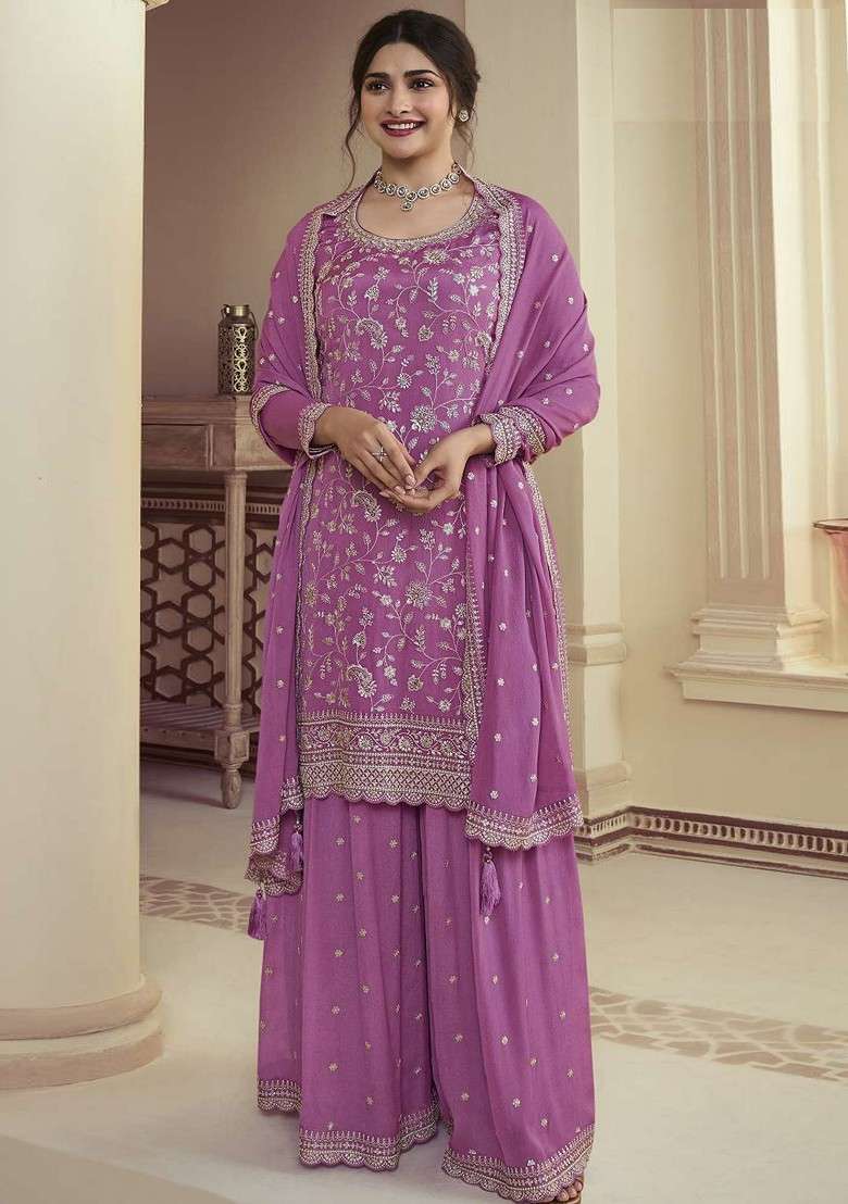 Purple Embroidered Silk Sharara Set - Indya