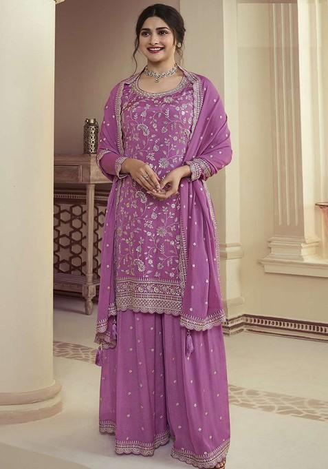 Purple Embroidered Art Silk Sharara Set