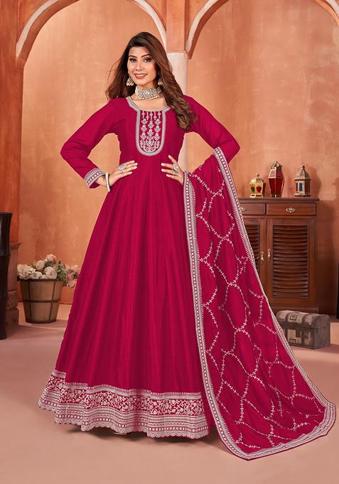 Pink Embroidered Art Silk Kurta Set