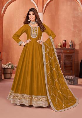 Mustard Embroidered Art Silk Kurta Set