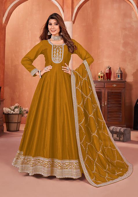 Mustard Embroidered Art Silk Kurta Set