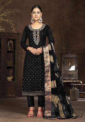 Black Woven Art Silk Kurta Set