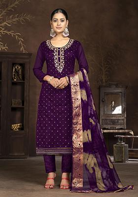 Purple Woven Art Silk Kurta Set