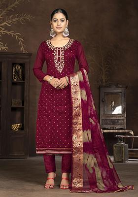 Maroon Woven Art Silk Kurta Set