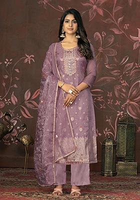 Purple Woven Organza Kurta Set