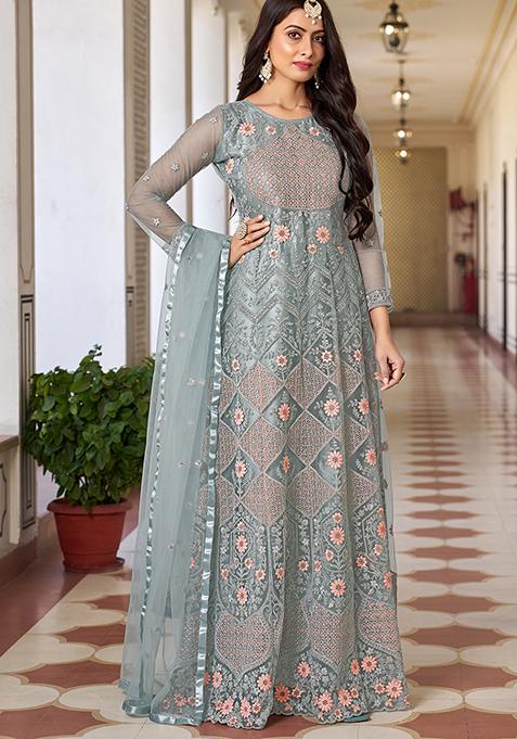 Green Embroidered Net Kurta Set