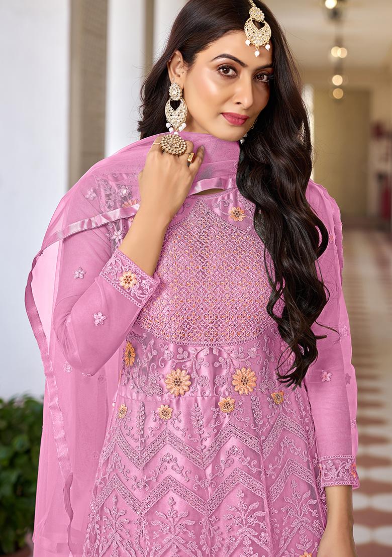 Pink Embroidered Net Kurta Set
