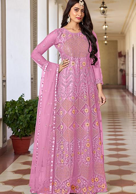 Pink Embroidered Net Kurta Set