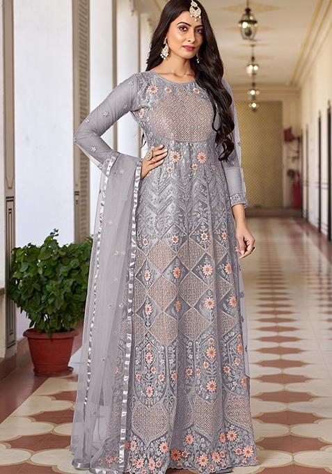 Grey Embroidered Net Kurta Set