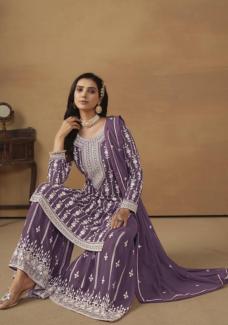 Purple Embroidered Georgette Sharara Set