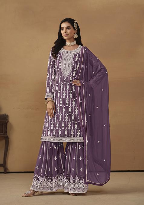 Purple Embroidered Georgette Sharara Set