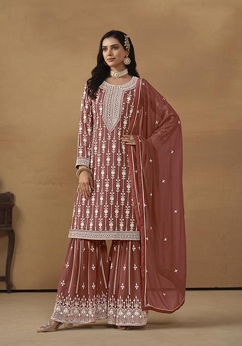 Brown Embroidered Georgette Sharara Set