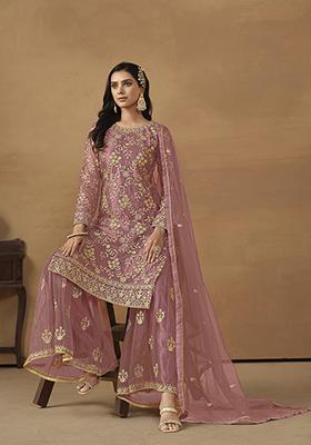 Pink Embroidered Net Kurta Set