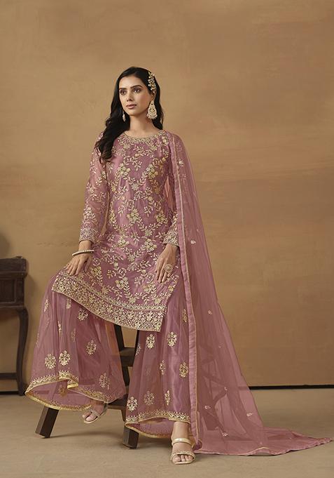 Pink Embroidered Net Kurta Set