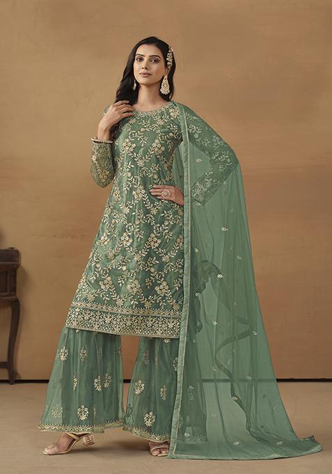 Green Embroidered Net Kurta Set