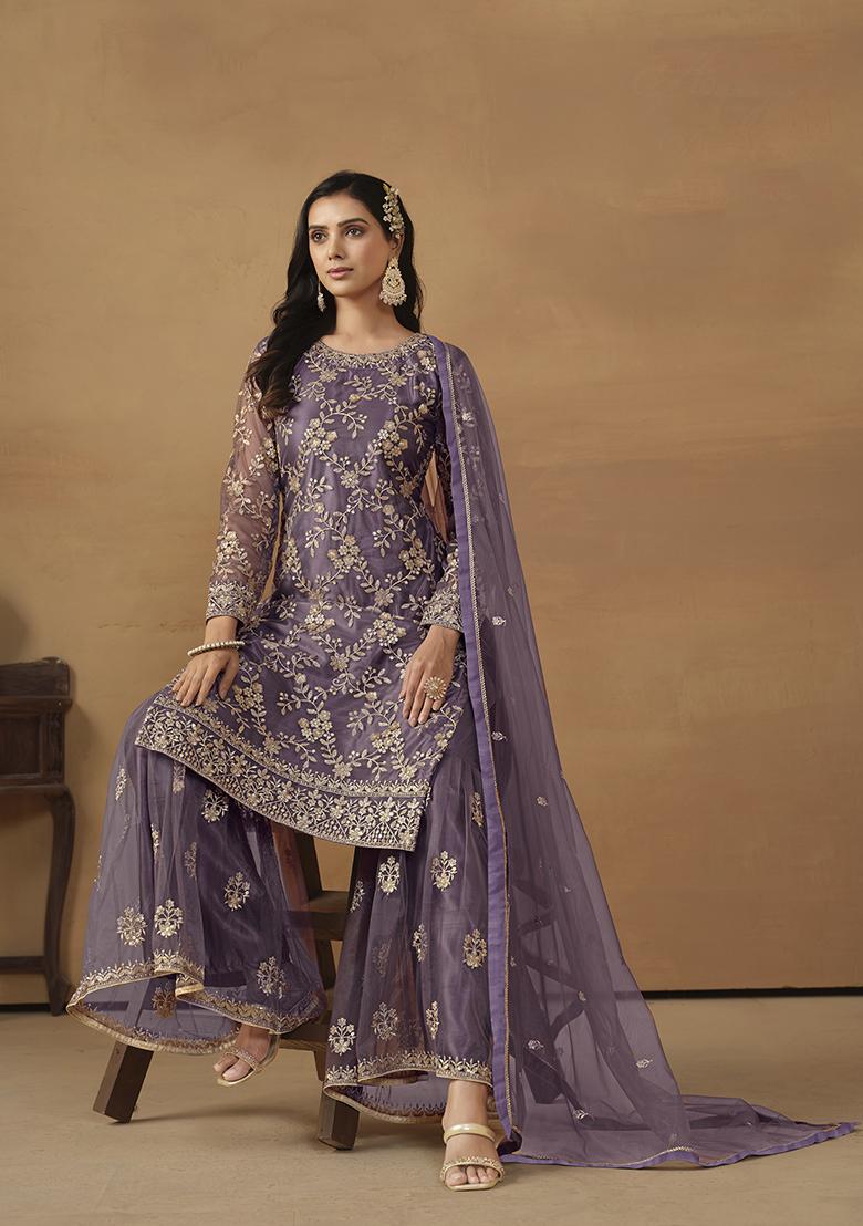 Purple Embroidered Net Kurta Set