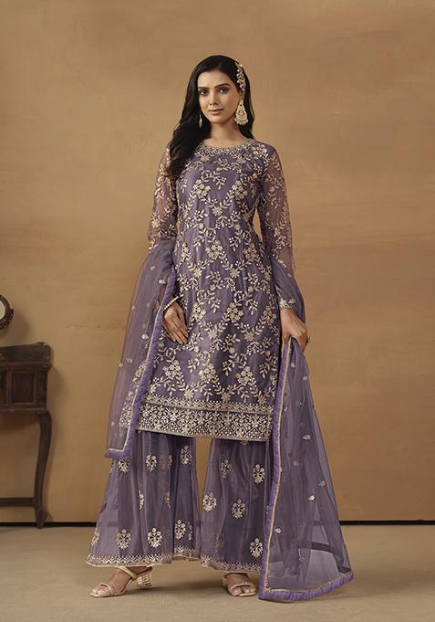 Purple Embroidered Net Kurta Set